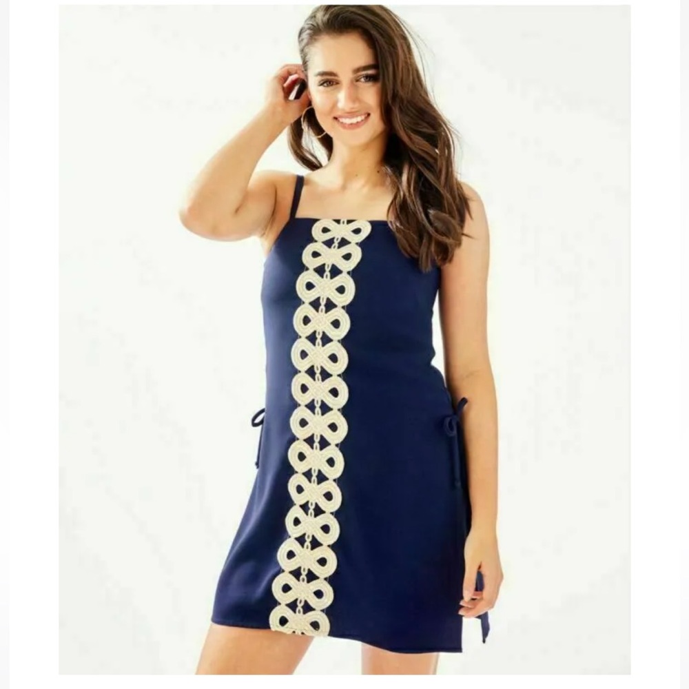 LILLY PULITZER “Sahar” True Navy Gold Lace Detail Crepe Dress Romper Playsuit